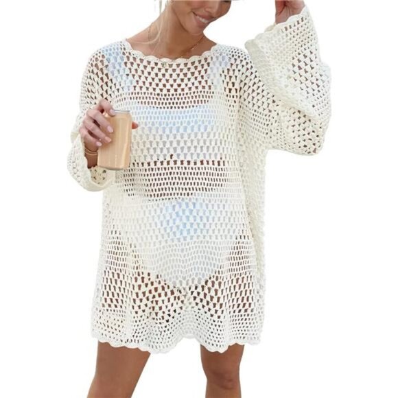 Women's Crochet Bikini Cover Up Mesh Knit Beach Dress Swimwear Mini Dress
